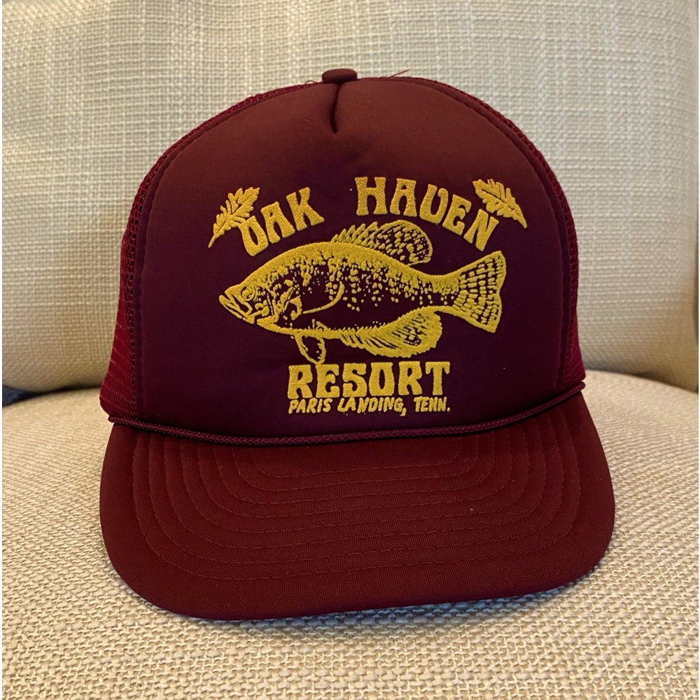 Vintage Oak Haven Fishing Resort /Maroon & Yellow Trucker Hat/ Snap Back / OSFM